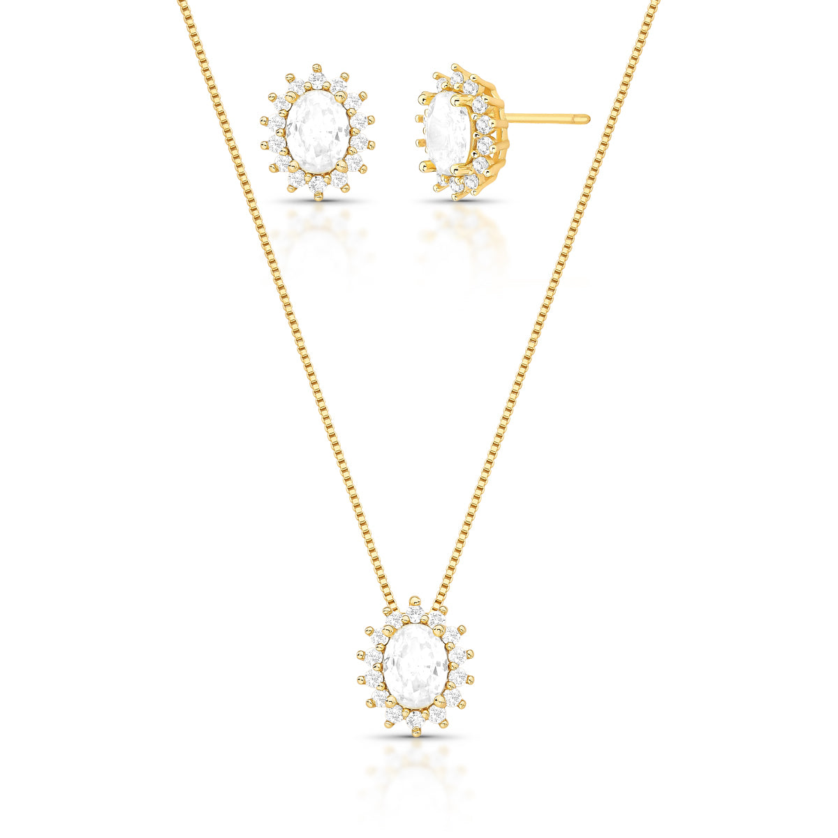 CONJUNTO BRINCO E COLAR COM CRISTAL OVAL E ZIRCÔNIAS