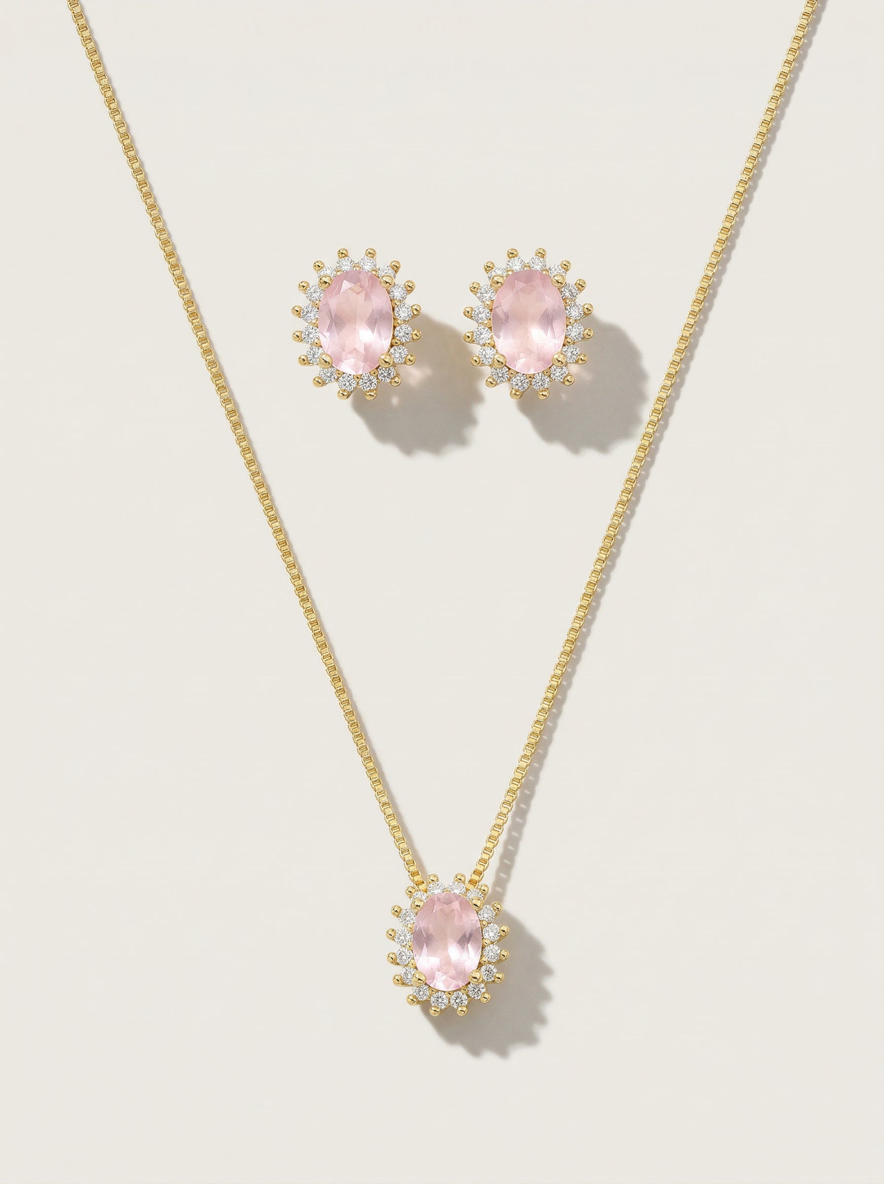 CONJUNTO BRINCO E COLAR COM CRISTAL OVAL E ZIRCÔNIAS